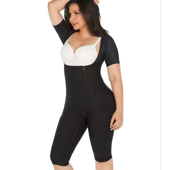 OPEN BUST BODYSUIT KNEE LENGTH SHORT SLEEVES SIDE ZIPPER